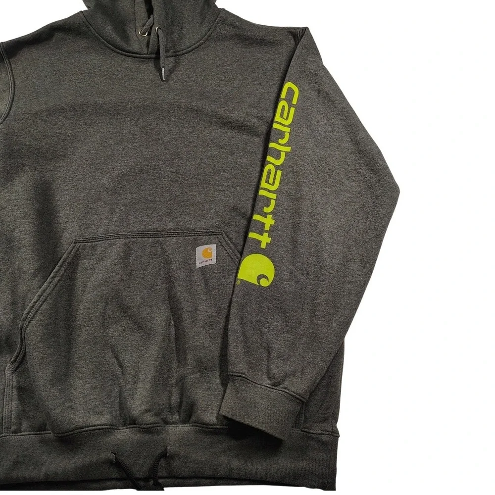 Carhartt Mens Loose Fit Hoodie Charcoal Gray Neon Yellow Sleeve Logo‎ Medium